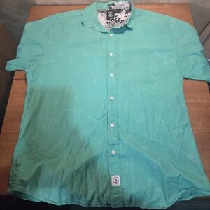 Volcom Classic Fit Button Up Shirt XL Teal Bird Print Short Sleeve